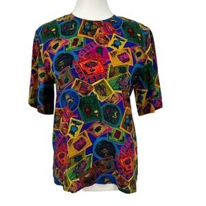 Vintage Spenser Jeremy‎ Blouse Silk Colorful Antique Print 4